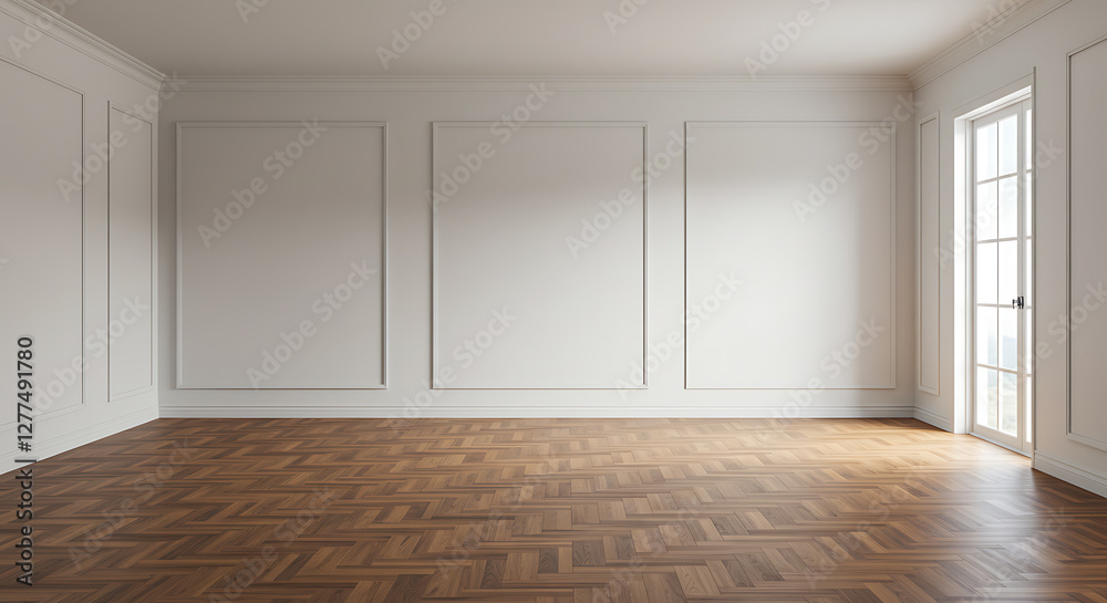 Obraz premium Elegant Empty Room with Hardwood Floor and French Door Sunlight Interior Design