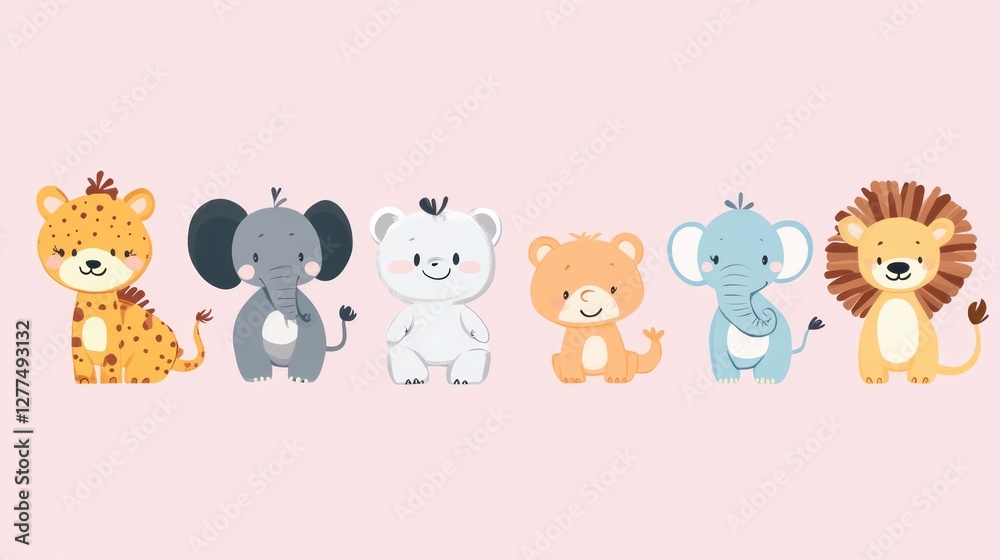 Naklejka premium Cute cartoon animals, a row of adorable, stylized, childlike illustration of different wild animals, including a cheetah, elephant, polar bear, bear, elephant, and lion, in a flat design.