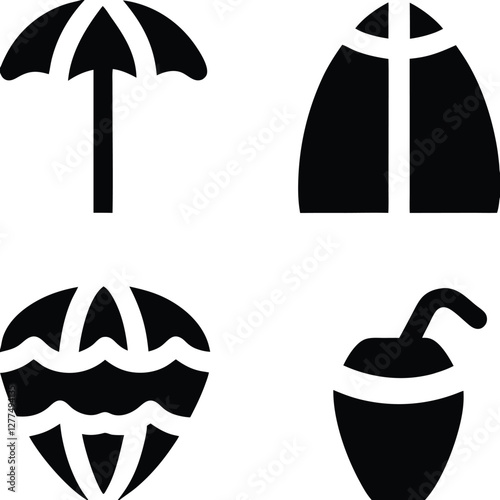 Vacation symbols featuring a beach umbrella, surfboard, ocean waves, and a drink