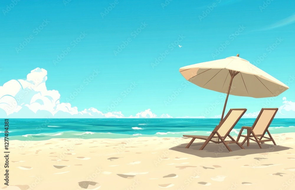 Idyllic beach scene with two lounge chairs under a parasol. Idyllic beach scene with two lounge chairs under a parasol.