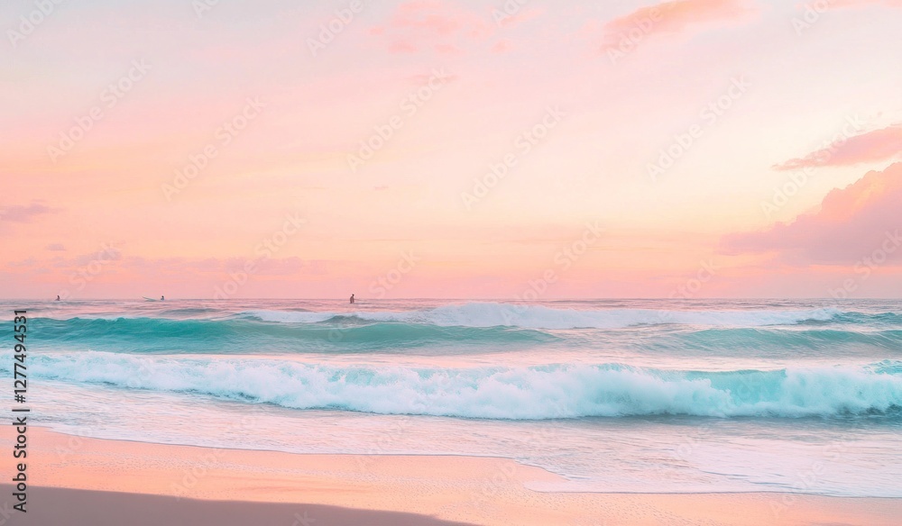 Fototapeta premium Pastel sunset over ocean waves on beach.
