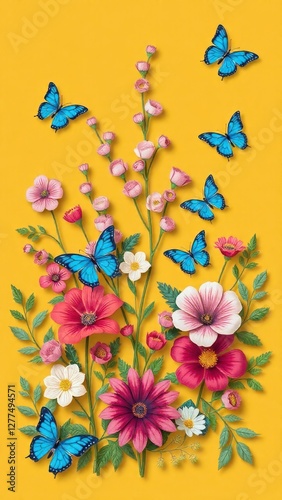 a nature-inspired illustration with a mustard yellow backdrop, showcasing detailed paper-cut flowers and foliage in various colors. Add blue butterflies to enhance the scene's liveliness