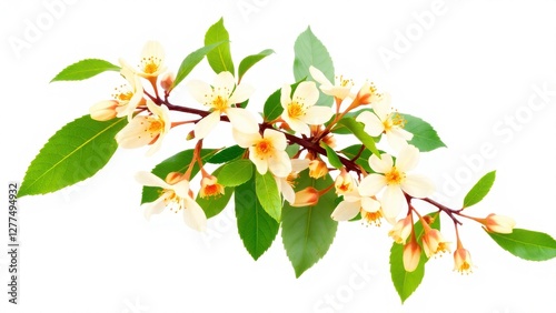 a nature-inspired image of a branch adorned with white and light orange flowers, accompanied by various shades of green leaves, all on a clean white background