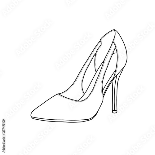 Technical sketch drawing of women's stiletto heels pump pointed-toe line art. Flat sketch vector, outline vector doodle illustration, side view. Isolated on a white background
