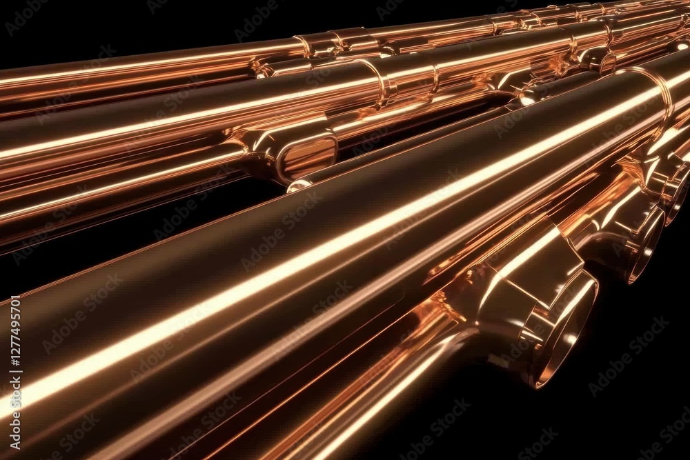 Close up of Copper Pipes Infrastructure with Reflection in an Industrial Setting