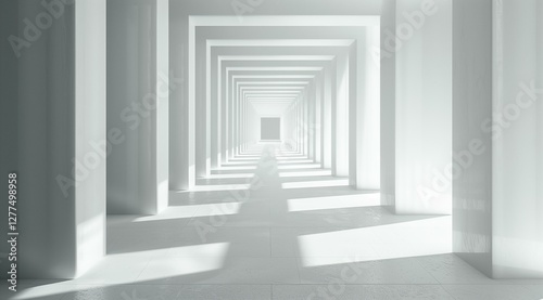 A long white hallway with endless columns creating a perspective illusion of depth and light