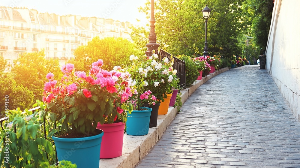 Fototapeta premium Parisian street, colorful flowers, cobblestone path, sunrise, city background
