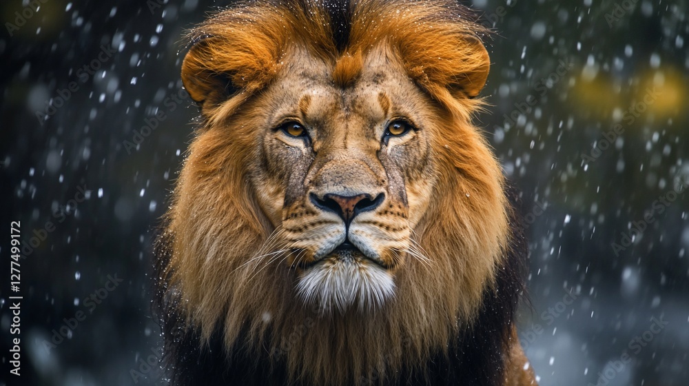 Fototapeta premium Majestic lion portrait in snowfall.