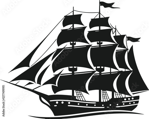 Stylized pirate ship with multiple sails, sailing across the sea with a bold and detailed design
