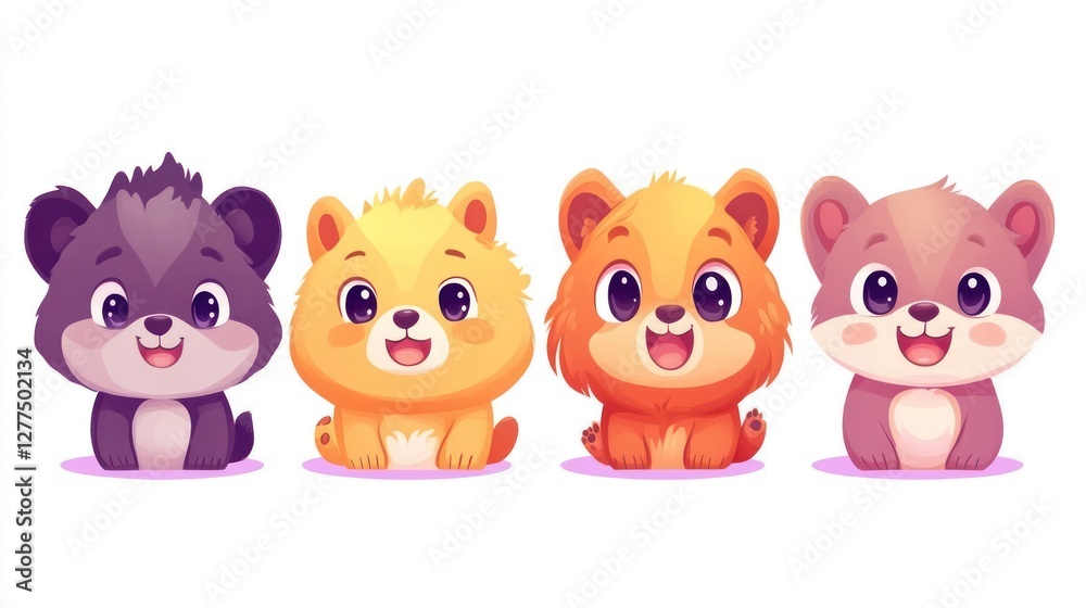 Cute cartoon animals, adorable, playful, sitting, in a row, four cubs. Cute cartoon animals, adorable, playful, sitting, in a row, four cubs.