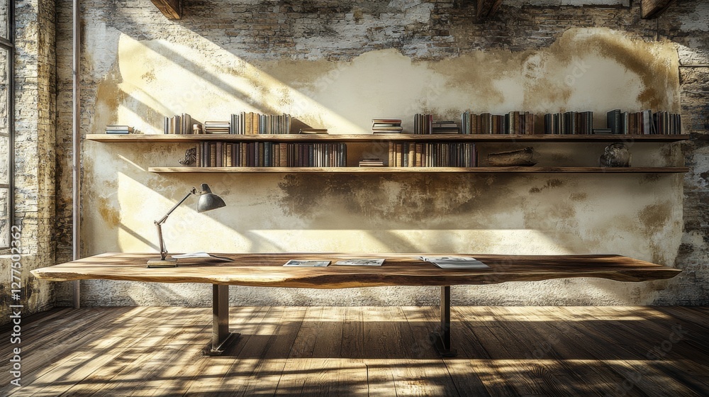 Rustic Wooden Desk with Bookshelves in a Sunny Room Interior with Sunlight Rustic Wooden Desk with Bookshelves in a Sunny Room Interior with Sunlight