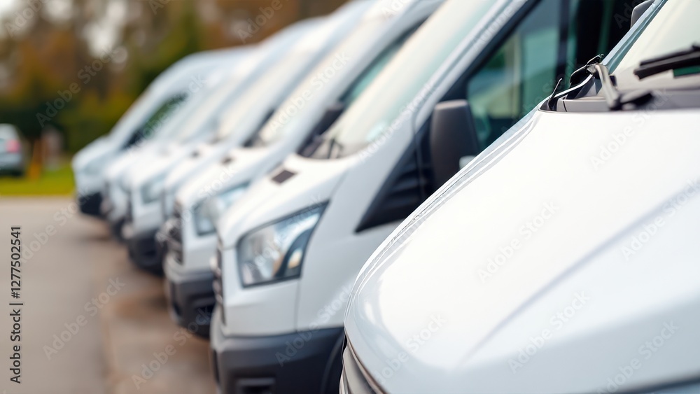 A row of white vans parked in a line, with the front of the nearest van in sharp focus and a shallow depth of field creating a blurred background. A row of white vans parked in a line, with the front of the nearest van in sharp focus and a shallow depth of field creating a blurred background.