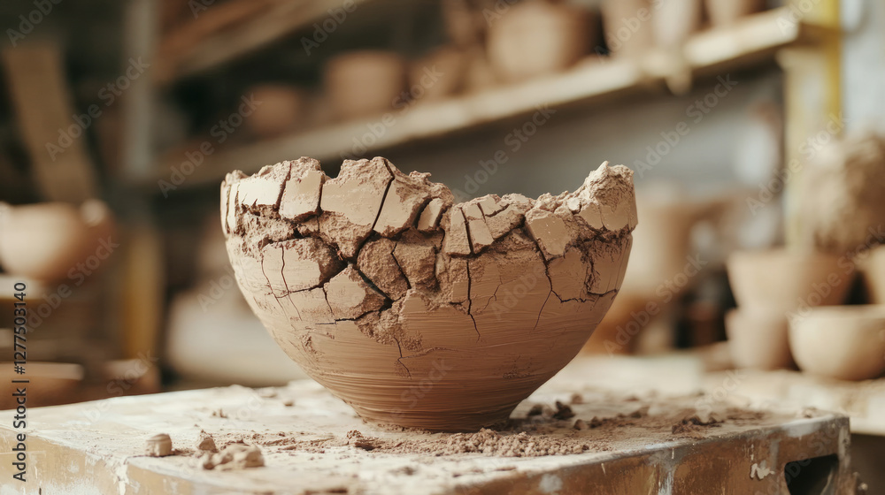 Fototapeta premium A cracked clay podium in a pottery workshop, showcasing intricate texture and artisanal craftsmanship. AI generative