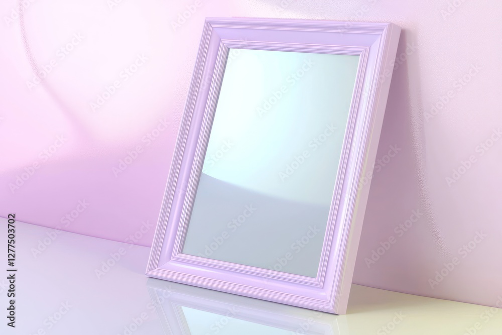 Fototapeta premium A clean pastel gradient surface tilts forward an elegant AI-rendered 3D frame with pale lavender borders, enhancing its sophistication.