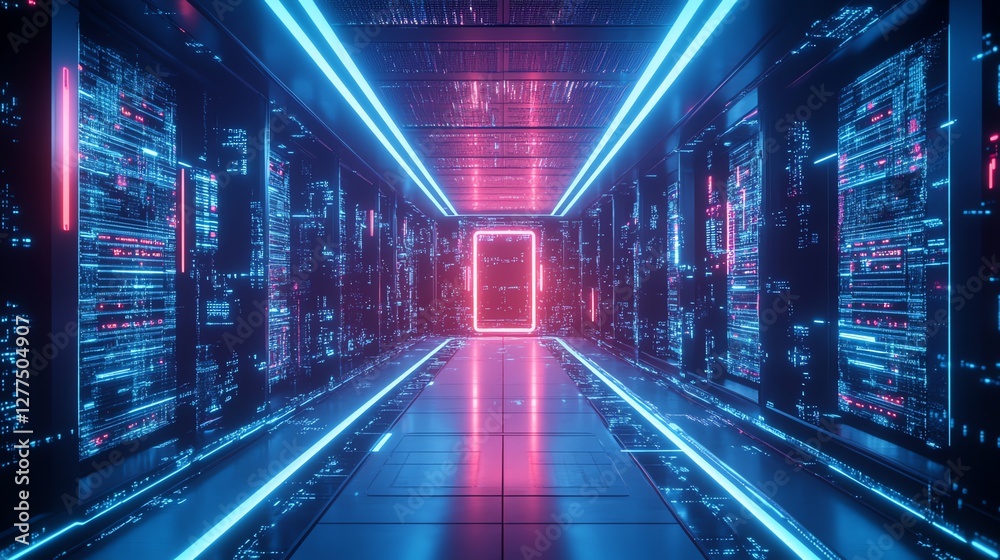 Fototapeta premium A futuristic gateway to digital infrastructure with neon lines on a dark background. Perfect for tech, AI, and innovation-themed projects.