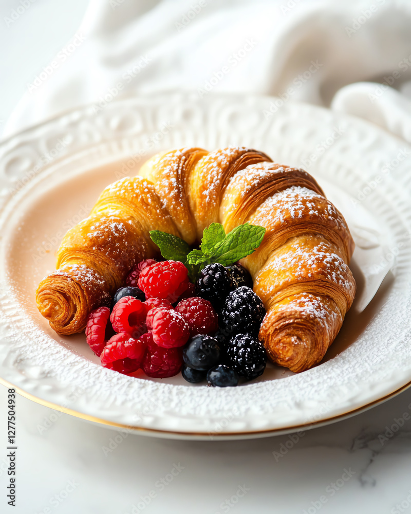 custom made wallpaper toronto digitalDelicious croissant served with fresh berries on a white plate, garnished with mint for a perfect breakfast treat.