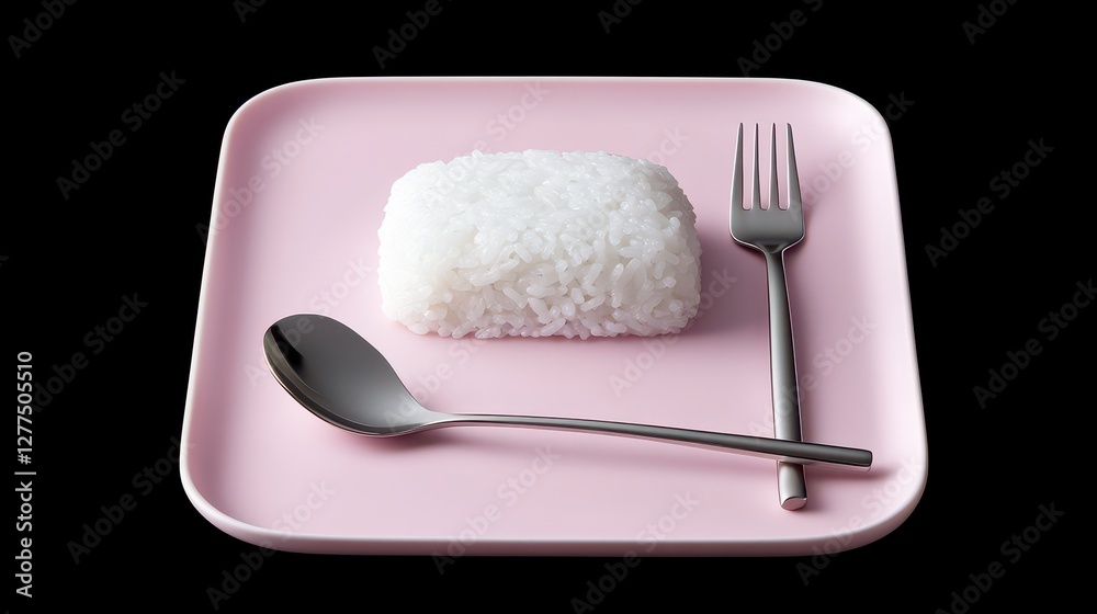 Minimalist presentation of a rice dish on a pink plate with cutlery set against a dark background Minimalist presentation of a rice dish on a pink plate with cutlery set against a dark background
