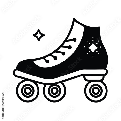 Vintage Roller Skate Design, Black, White, Retro, Classic, Wheels, Laceup, Sparkle, Footwear, Illust