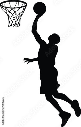 Stylized silhouette of a basketball player jumping for a dunk, captured in mid-air during a dynamic action