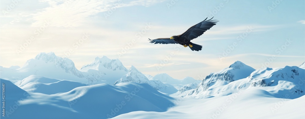 Soaring Above the Peaks: A majestic eagle, with powerful wings extended, soars gracefully against a backdrop of snow-capped mountains, embodying freedom and the raw beauty of nature. Soaring Above the Peaks: A majestic eagle, with powerful wings extended, soars gracefully against a backdrop of snow-capped mountains, embodying freedom and the raw beauty of nature.