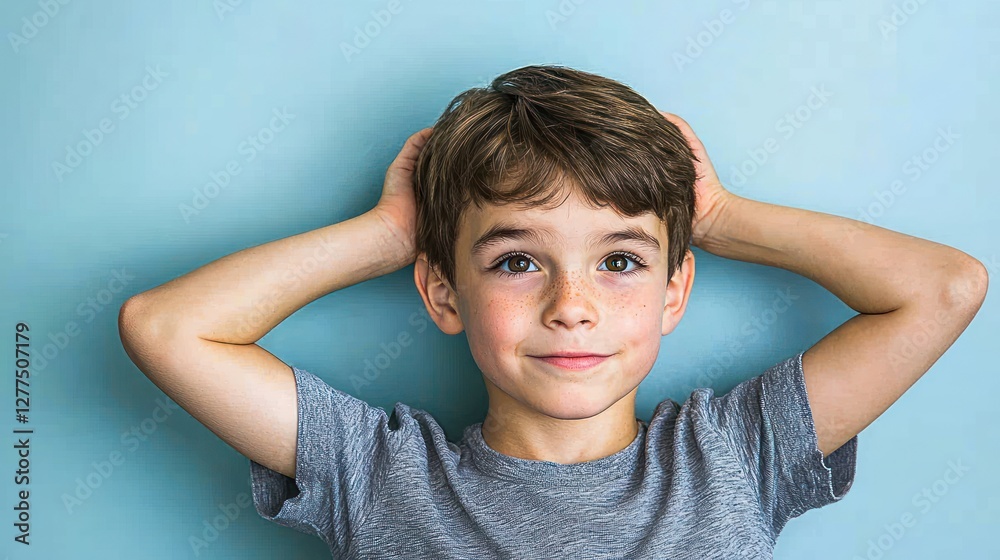 Child portrait, light-blue background, relaxed pose, studio shot, possible use education, social media Child portrait, light-blue background, relaxed pose, studio shot, possible use education, social media