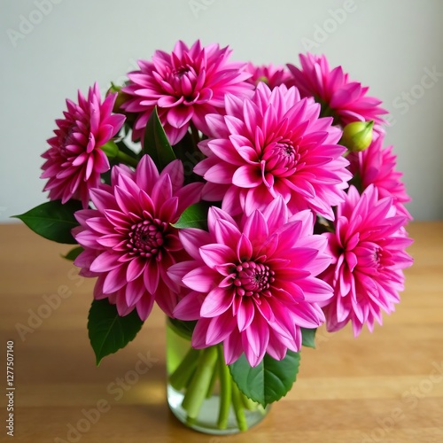 Vibrant pink dahlias in a beautiful bouquet with green leaves on wooden table, flora, flowers, dahlia