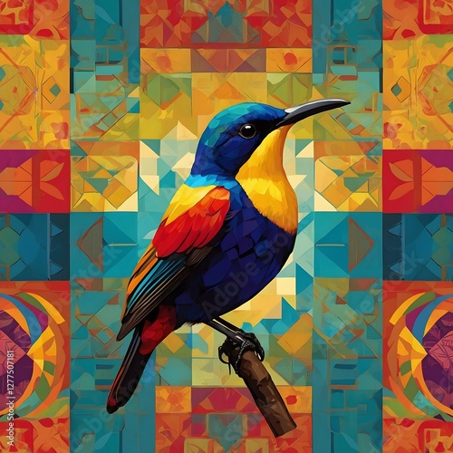 Artistic Sun bird Resting on a Branch, Featuring Bold Geometric Patterns and Bright, Vivid Colors