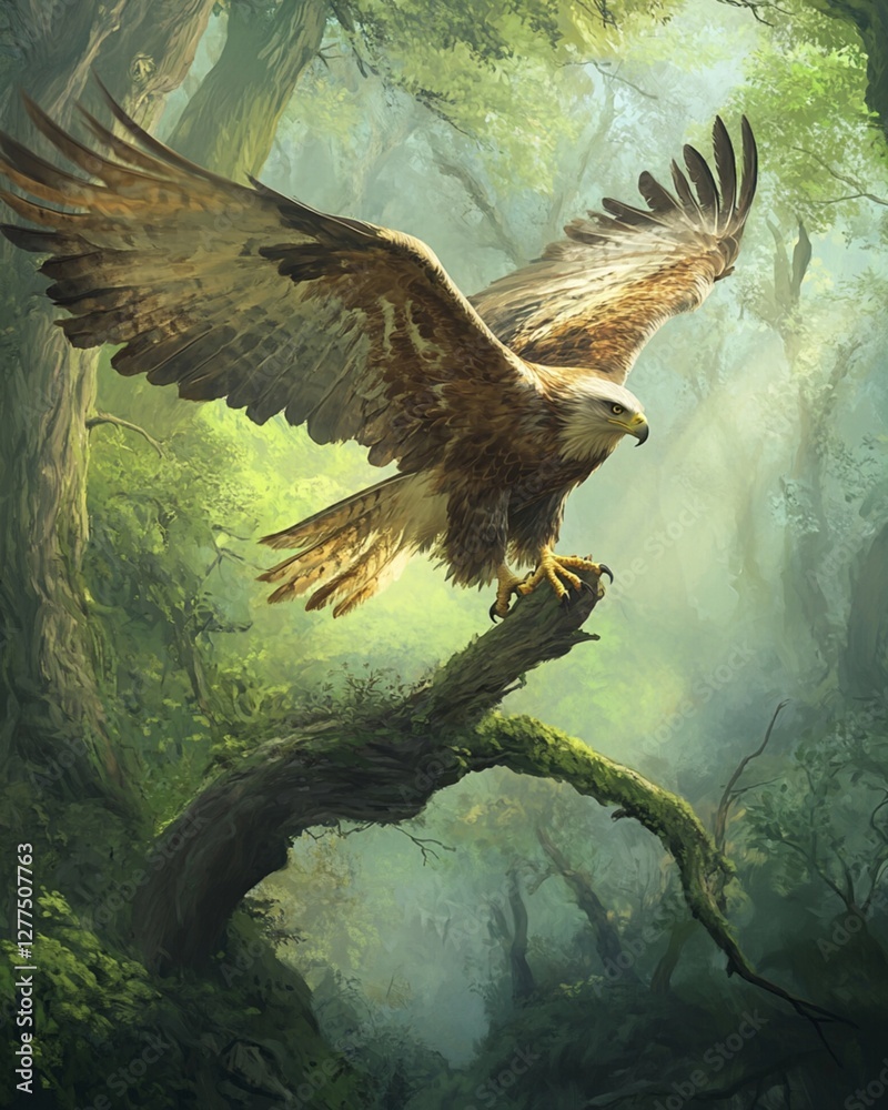 Fototapeta premium Majestic Eagle in Forest: A stunning eagle, captured mid-flight with powerful wings outstretched, perches regally on a moss-covered branch within a dense, mystical forest.