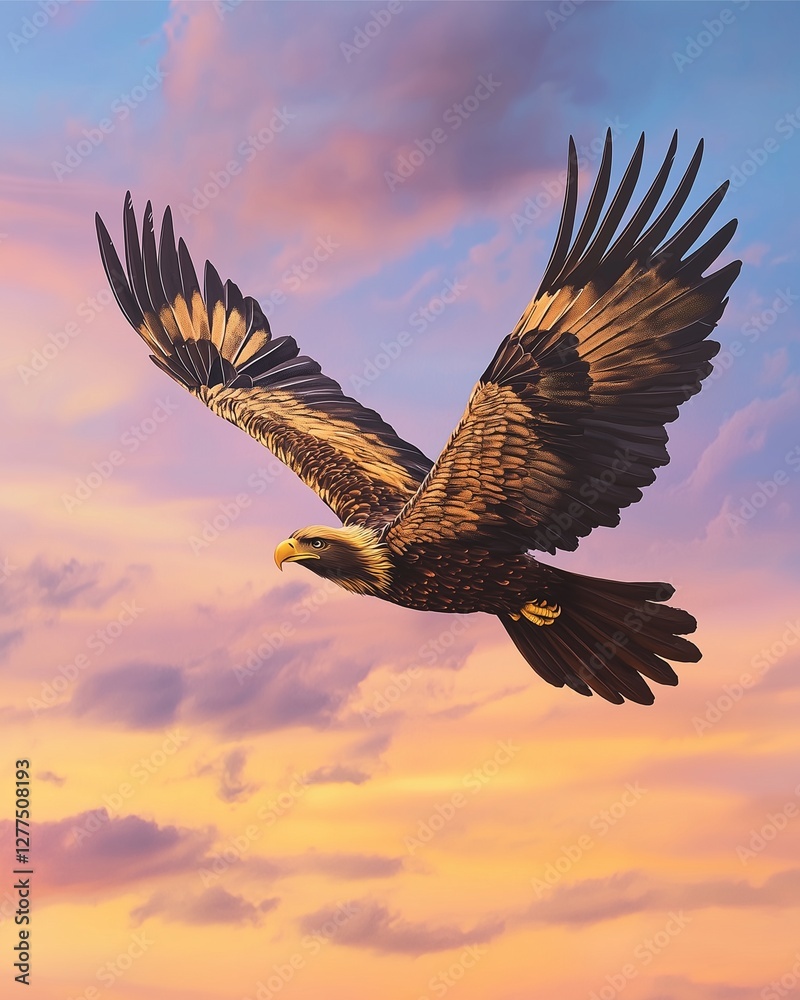 Obraz premium Soaring Eagle Against Sky: A majestic eagle with its wings fully extended soars effortlessly against a vibrant, colorful sky filled with clouds, capturing a sense of freedom and power.