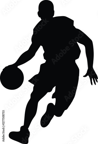 Silhouette of a basketball player dribbling the ball in action, captured in a dynamic and energetic pose
