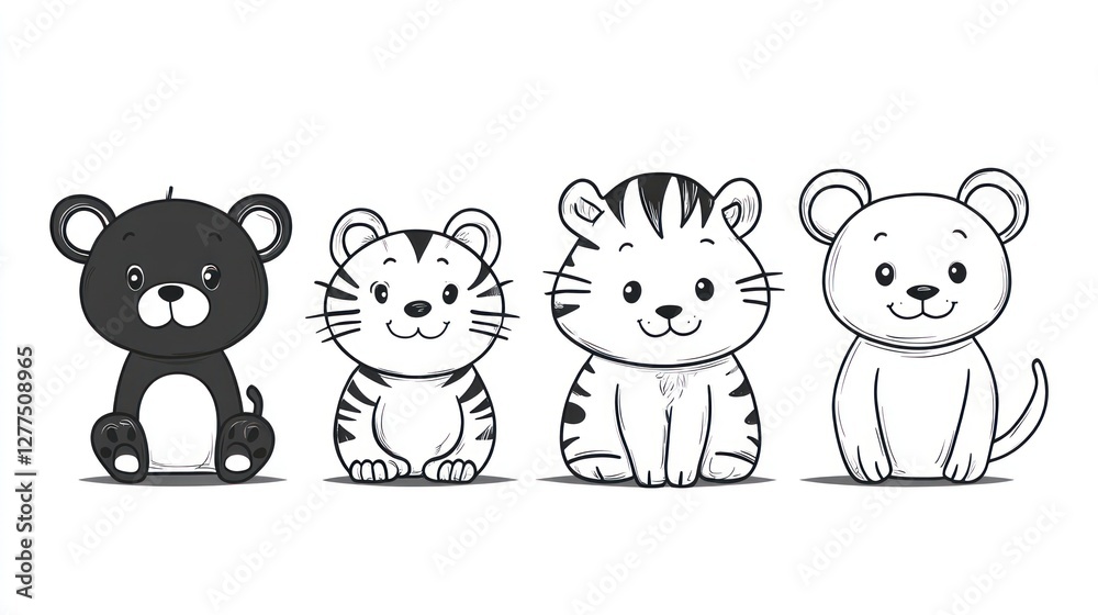 Cute cartoon animals, bear, tiger, and mouse, sitting in a row, black and white line art illustration. Cute cartoon animals, bear, tiger, and mouse, sitting in a row, black and white line art illustration.