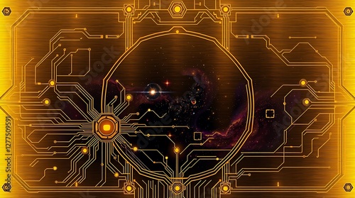 gold textured background illustration in a futuristic sci-fi style.  Advanced technology is depicted through intricate circuitry and glowing components.  Space elements include distant nebulae and sta