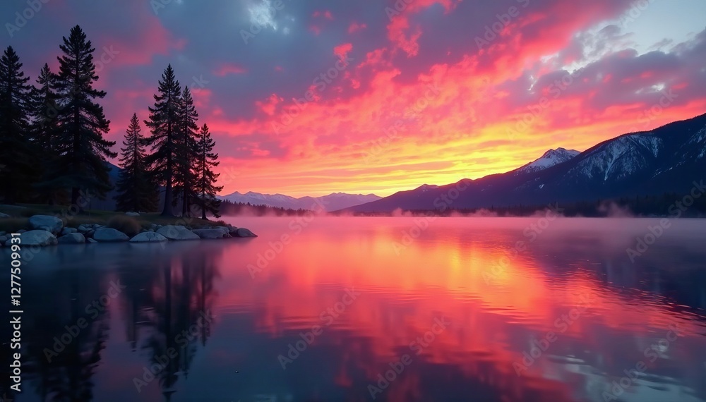Vibrant colors of a sunrise at lake Tahoe with mist rising off the water, mountains, vacation, morning Vibrant colors of a sunrise at lake Tahoe with mist rising off the water, mountains, vacation, morning