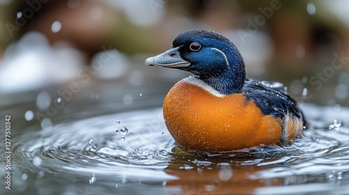 Vibrant duck swimming in water with splashes, blurred background photo