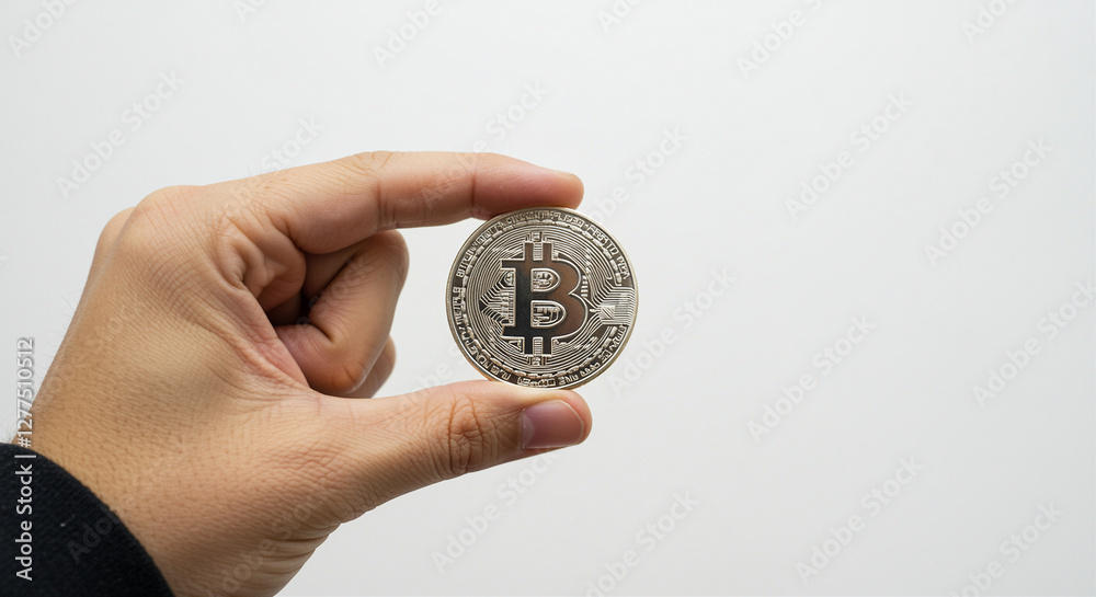 Bitcoin in hand close up shot. Crypto currency digital money held in fingers. Bitcoin digital currency concept Bitcoin in hand close up shot. Crypto currency digital money held in fingers. Bitcoin digital currency concept