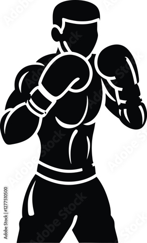 Stylized boxer in a defensive stance with boxing gloves, ready for action and combat