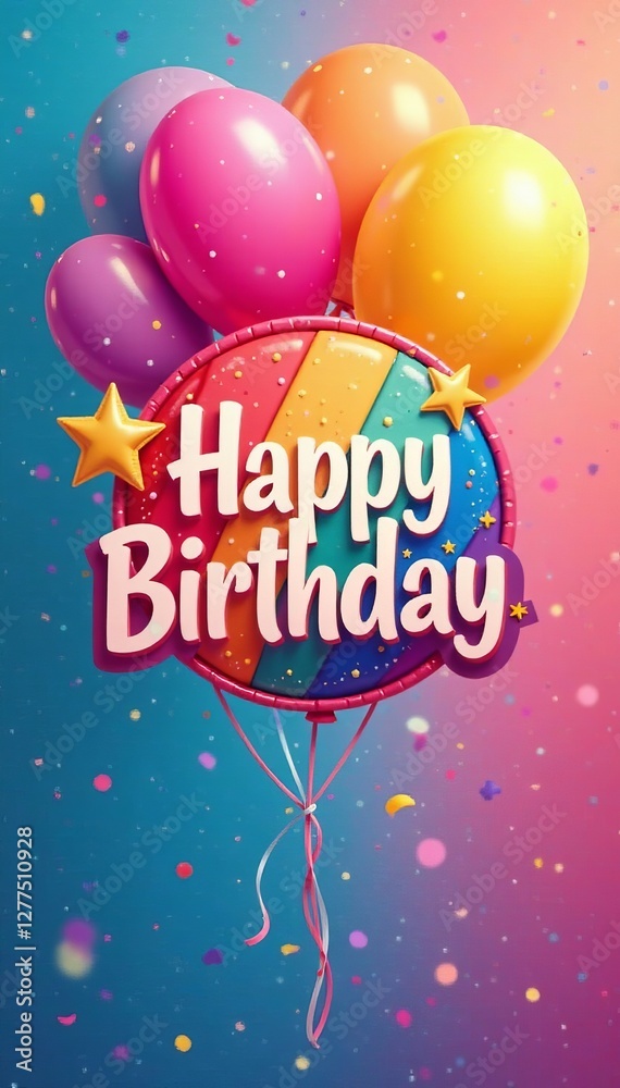 Vibrant happy birthday badge in a rainbow gradient design with balloons, rainbow, balloons, decoration Vibrant happy birthday badge in a rainbow gradient design with balloons, rainbow, balloons, decoration