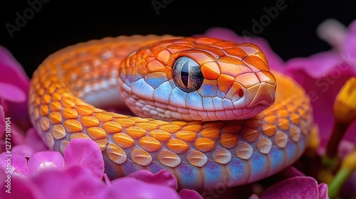 Vibrant Snake Coiled Among Pink Flowers photo