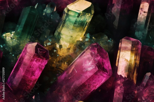 Seamless Tourmaline vibrant collection of colorful crystals, showcasing shades of green, yellow, and pink. The crystals are arranged in a way that highlights their natural beauty and intricate facets. photo