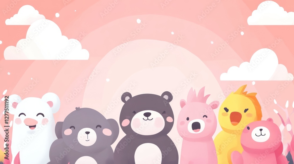 Naklejka premium Cute cartoon animals, bears, and a chicken in a pastel landscape.