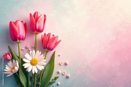 Vibrant painting of tulips and daisies against a soft pastel background, tulips, painting, soft