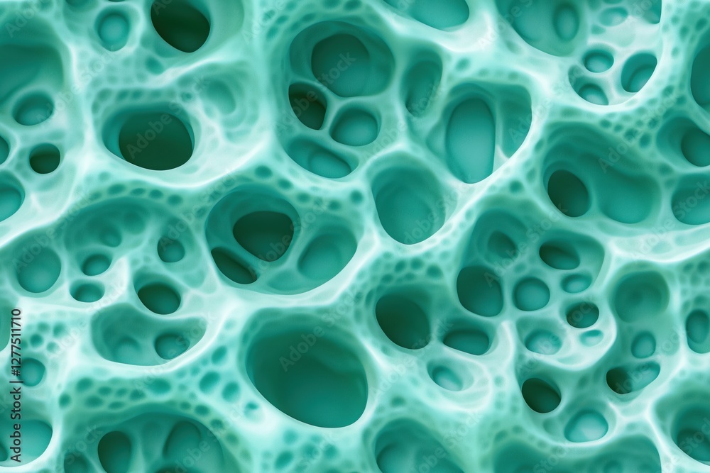 Seamless textured surface resembling cellular structures, featuring a network of interconnected holes and cavities in a soft turquoise color. Seamless textured surface resembling cellular structures, featuring a network of interconnected holes and cavities in a soft turquoise color.