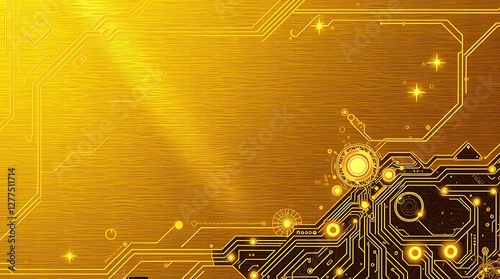gold textured background illustration in a futuristic sci-fi style.  Advanced technology is depicted through intricate circuitry and glowing components.  Space elements include distant nebulae and sta