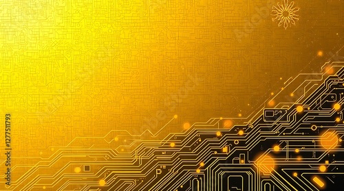gold textured background illustration in a futuristic sci-fi style.  Advanced technology is depicted through intricate circuitry and glowing components.  Space elements include distant nebulae and sta