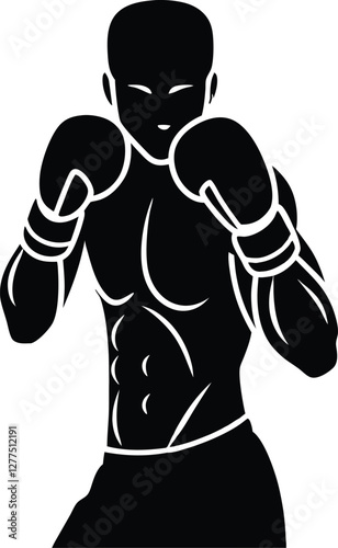 Stylized boxer in a defensive stance with boxing gloves, ready for action and combat