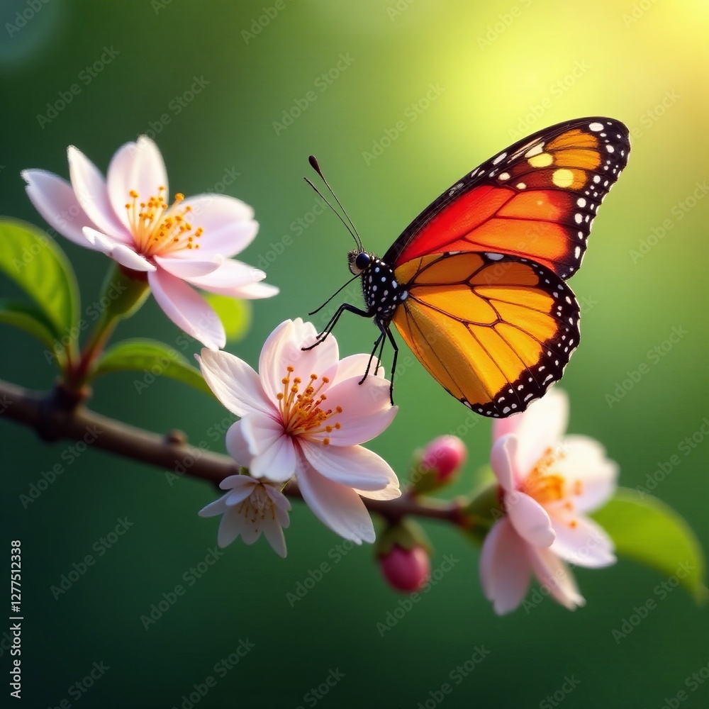 Vibrant butterfly resting on blooming tree branch in springtime garden, wildlife, close-up Vibrant butterfly resting on blooming tree branch in springtime garden, wildlife, close-up