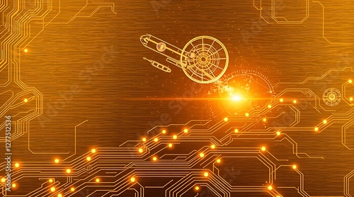 gold textured background illustration in a futuristic sci-fi style.  Advanced technology is depicted through intricate circuitry and glowing components.  Space elements include distant nebulae and sta