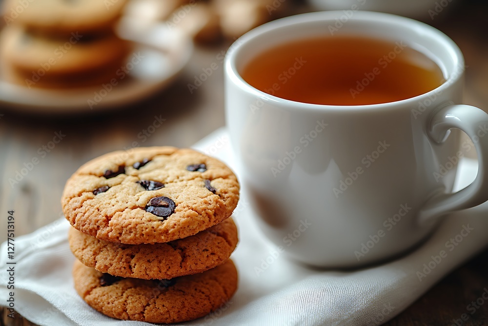 Crunchy oatmeal cookies and a mug of black tea isolated on a blur background Crunchy oatmeal cookies and a mug of black tea isolated on a blur background