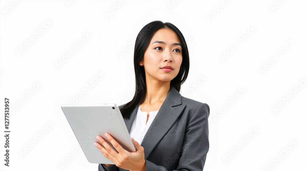 Young businesswoman holding digital tablet, looking aside for promo advertising isolated on white background Young businesswoman holding digital tablet, looking aside for promo advertising isolated on white background
