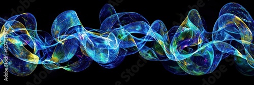Neon blue spectrum ribbons dynamically curl and overlap, creating an energetic futuristic effect on a black digital background in 8K resolution.